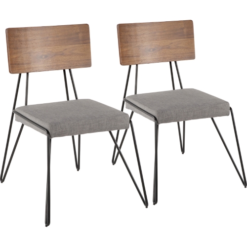 Loft Dining Chair in Grey Fabric, Walnut & Black Metal (Set of 2)